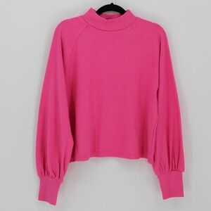 New In $48 Medium Hot Pink Ribbed Mock Neck Bishop‎ Sleeve Cropped Top